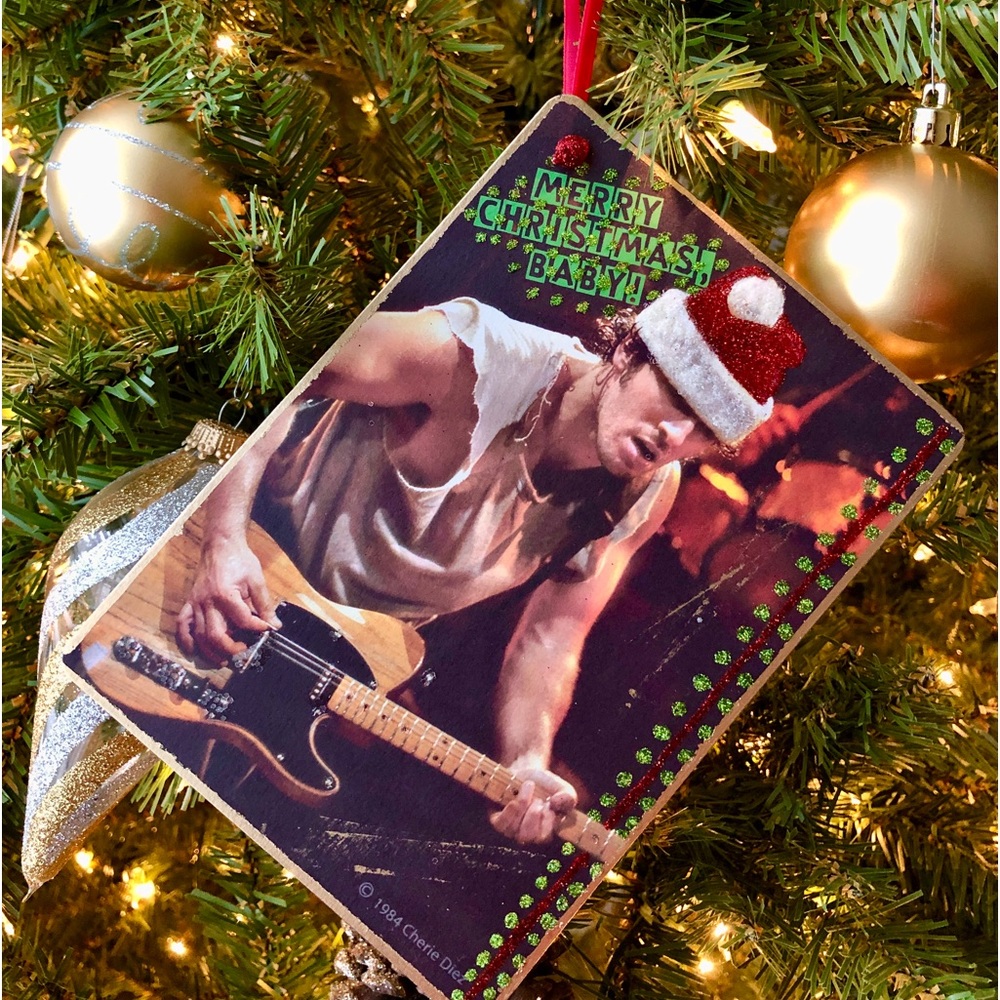 Vintage 1984 Bruce Springsteen mixed-media Christmas ornament card.